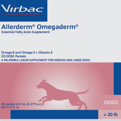 Virbac Allerderm Omegaderm 28-dose box with 8mL packets for skin and coat health in pets